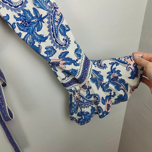Spell & The Gypsy Etienne Wrap Top Women Medium Monaco Blue Paisley Bell Sleeves - Picture 5 of 9